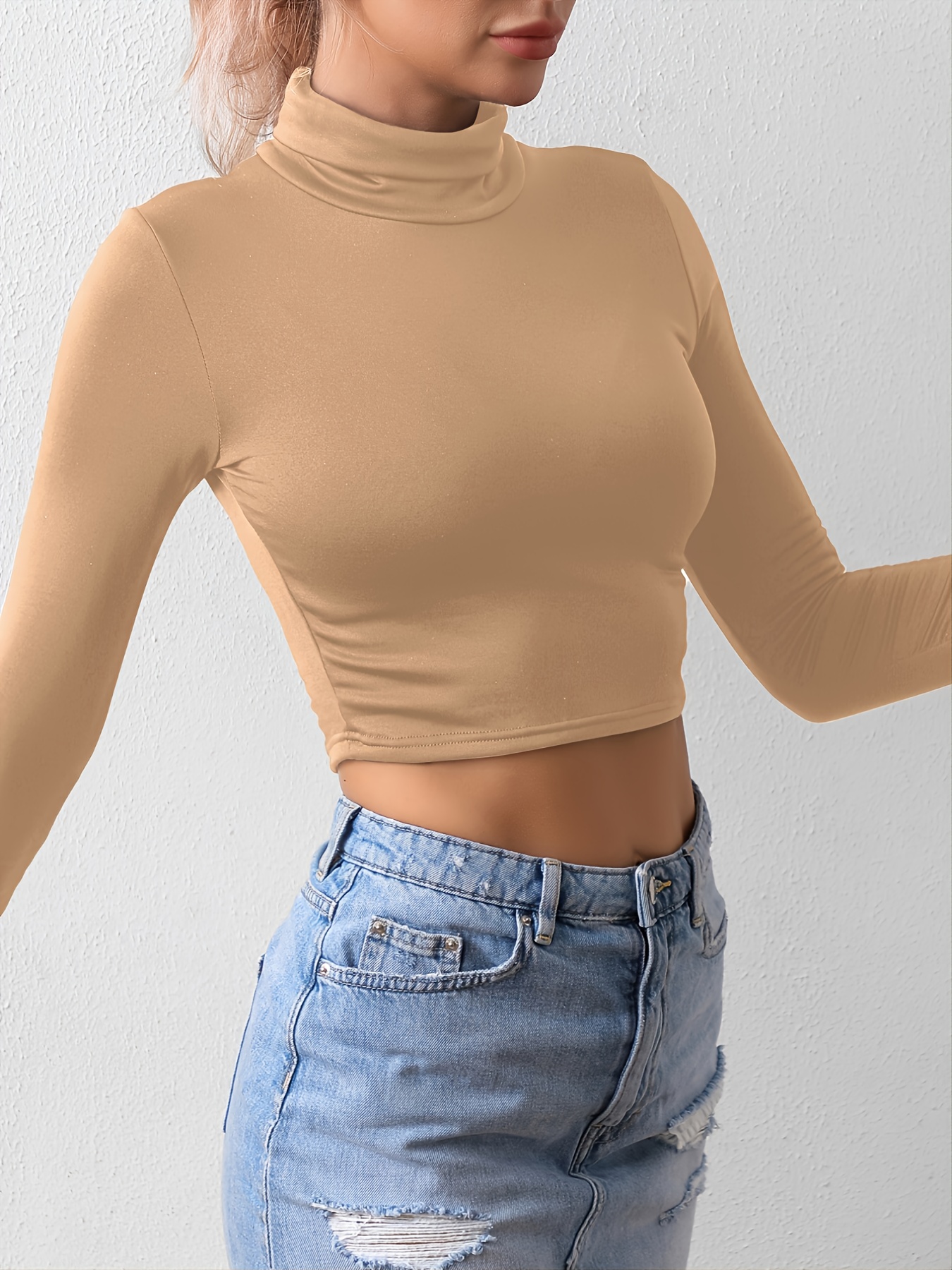 turtle neck skinny crop t shirt stretchy long sleeve solid t shirt casual every day tops womens clothing details 2