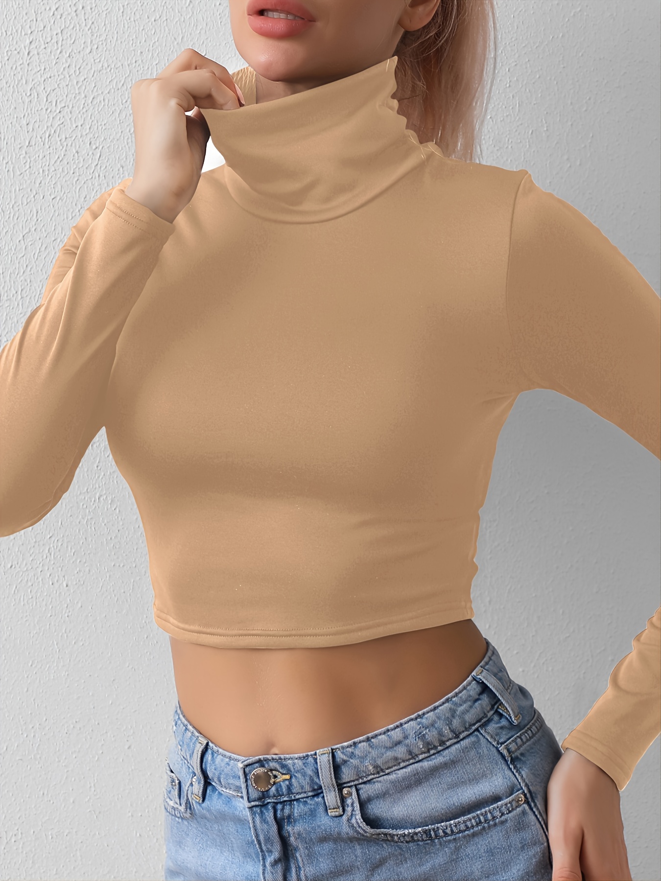 turtle neck skinny crop t shirt stretchy long sleeve solid t shirt casual every day tops womens clothing details 3