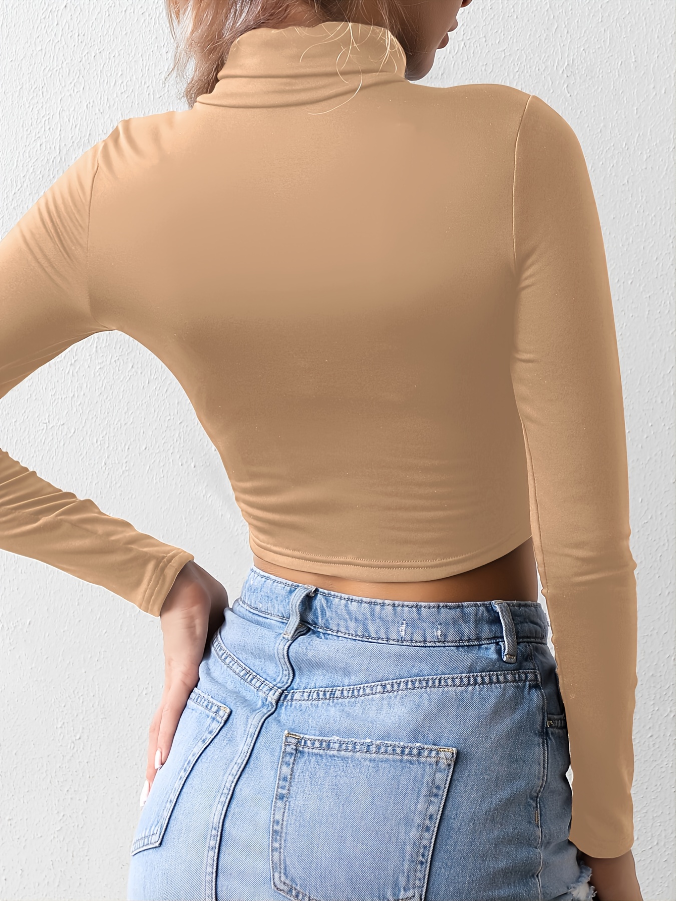 turtle neck skinny crop t shirt stretchy long sleeve solid t shirt casual every day tops womens clothing details 4