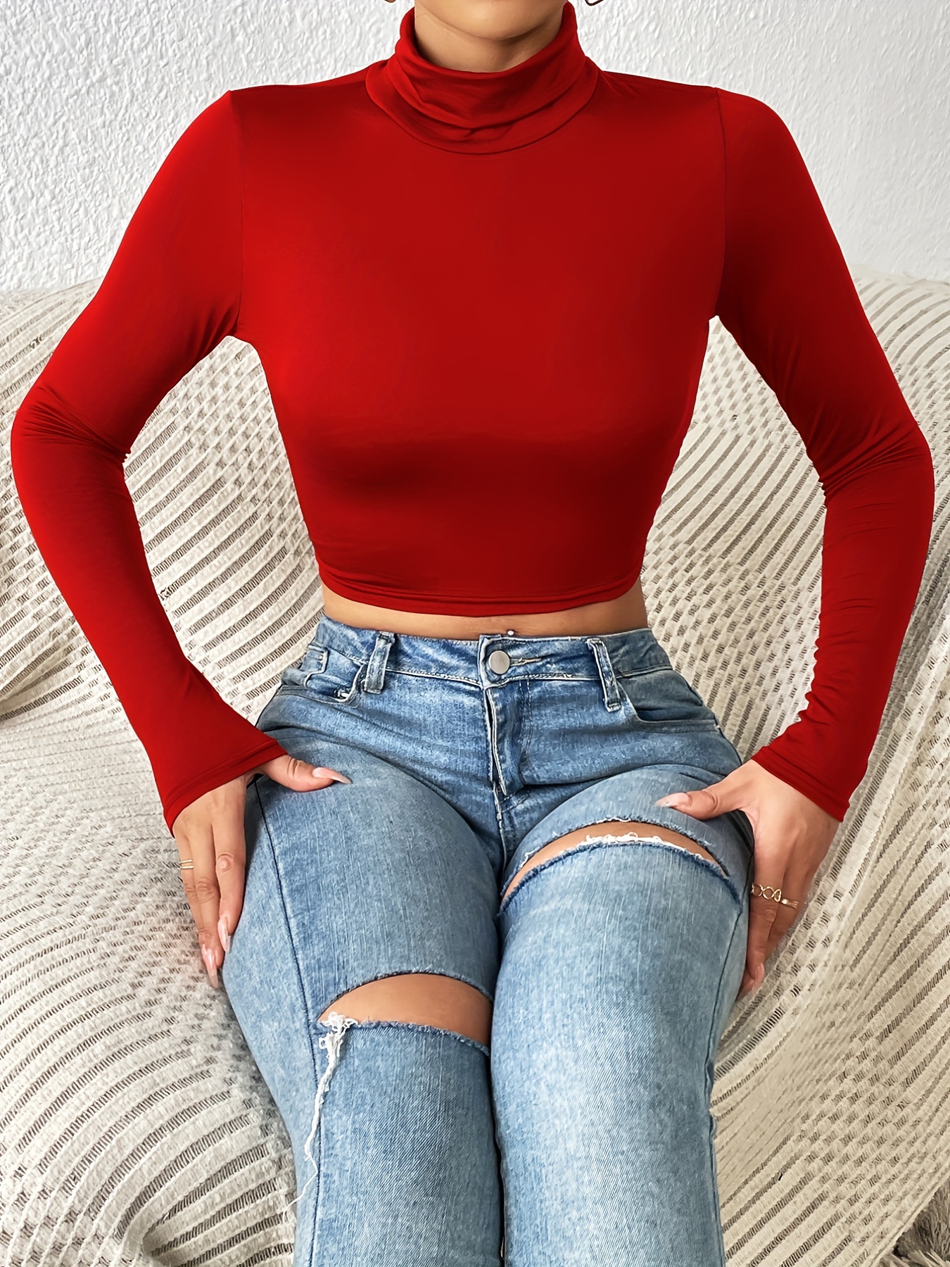 turtle neck skinny crop t shirt stretchy long sleeve solid t shirt casual every day tops womens clothing details 11