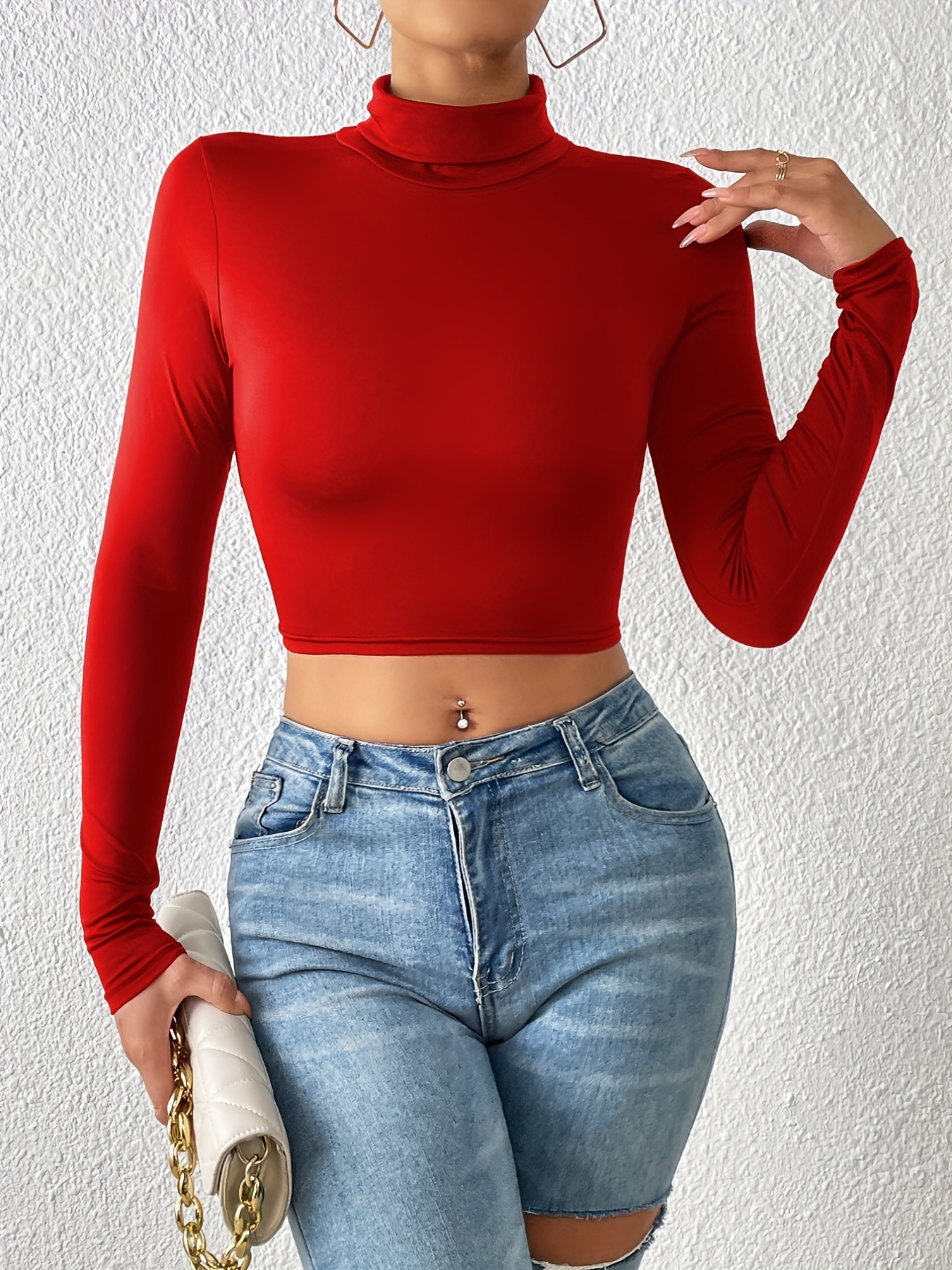 turtle neck skinny crop t shirt stretchy long sleeve solid t shirt casual every day tops womens clothing details 15