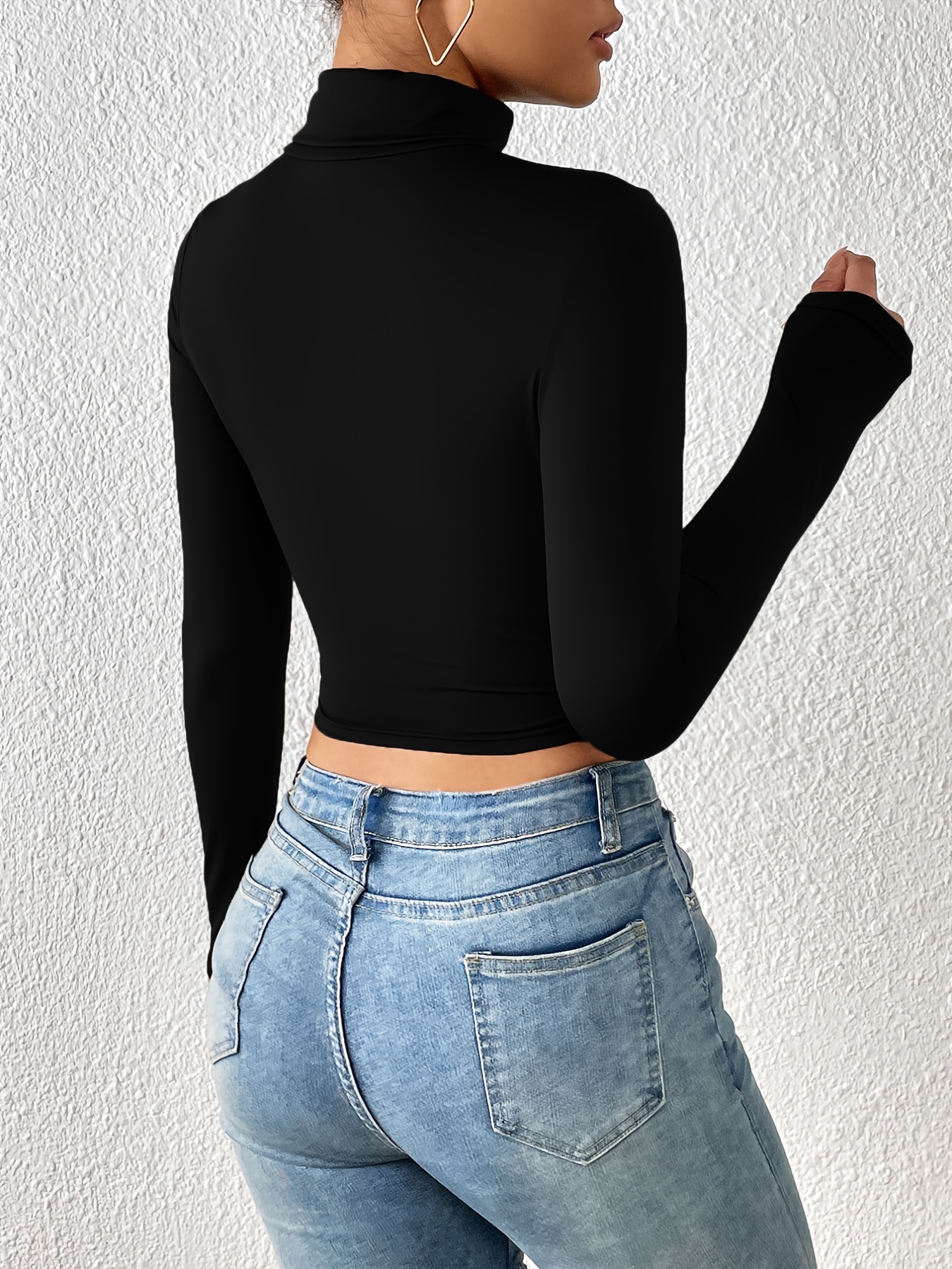 turtle neck skinny crop t shirt stretchy long sleeve solid t shirt casual every day tops womens clothing details 17