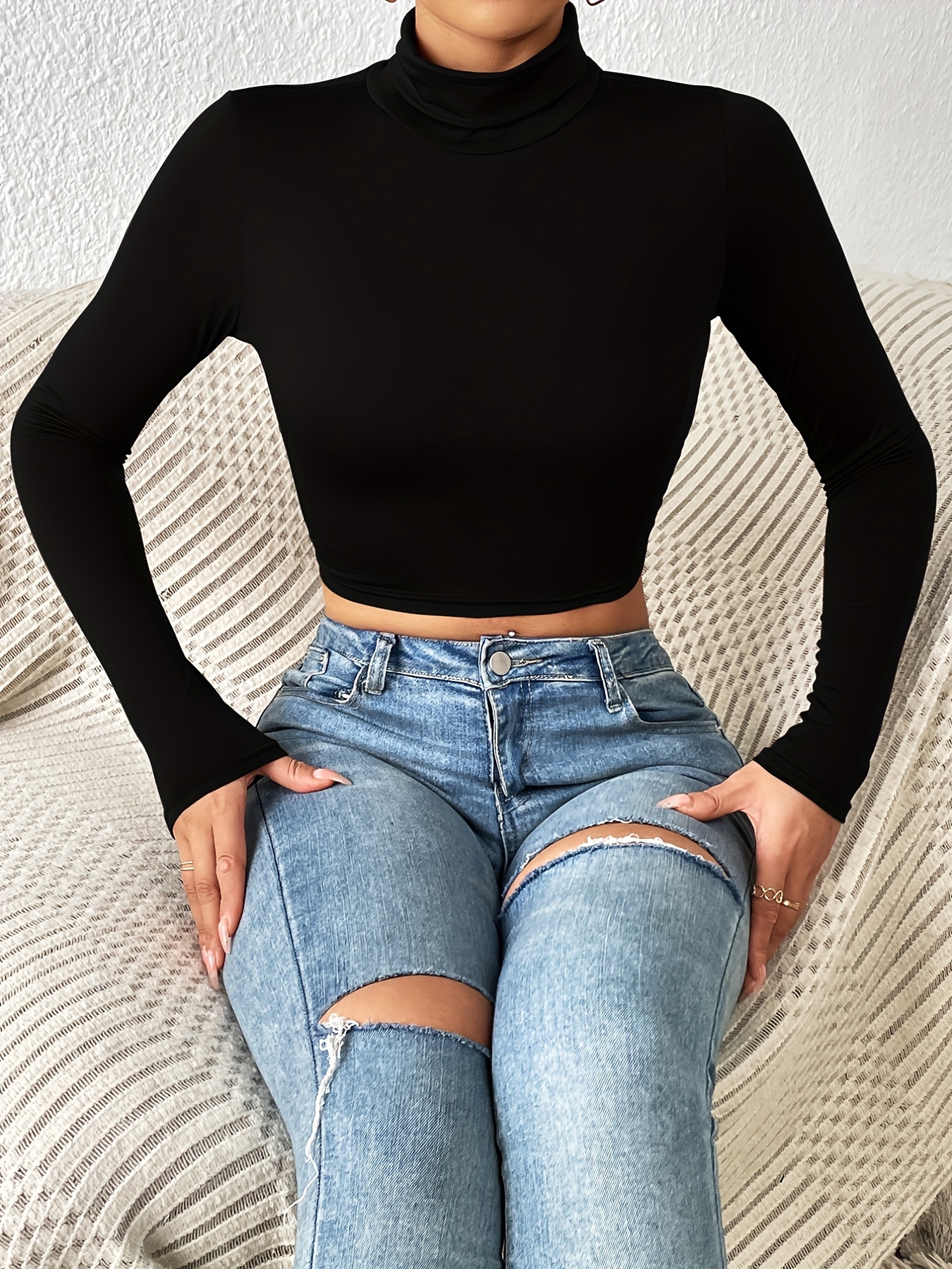 turtle neck skinny crop t shirt stretchy long sleeve solid t shirt casual every day tops womens clothing details 21