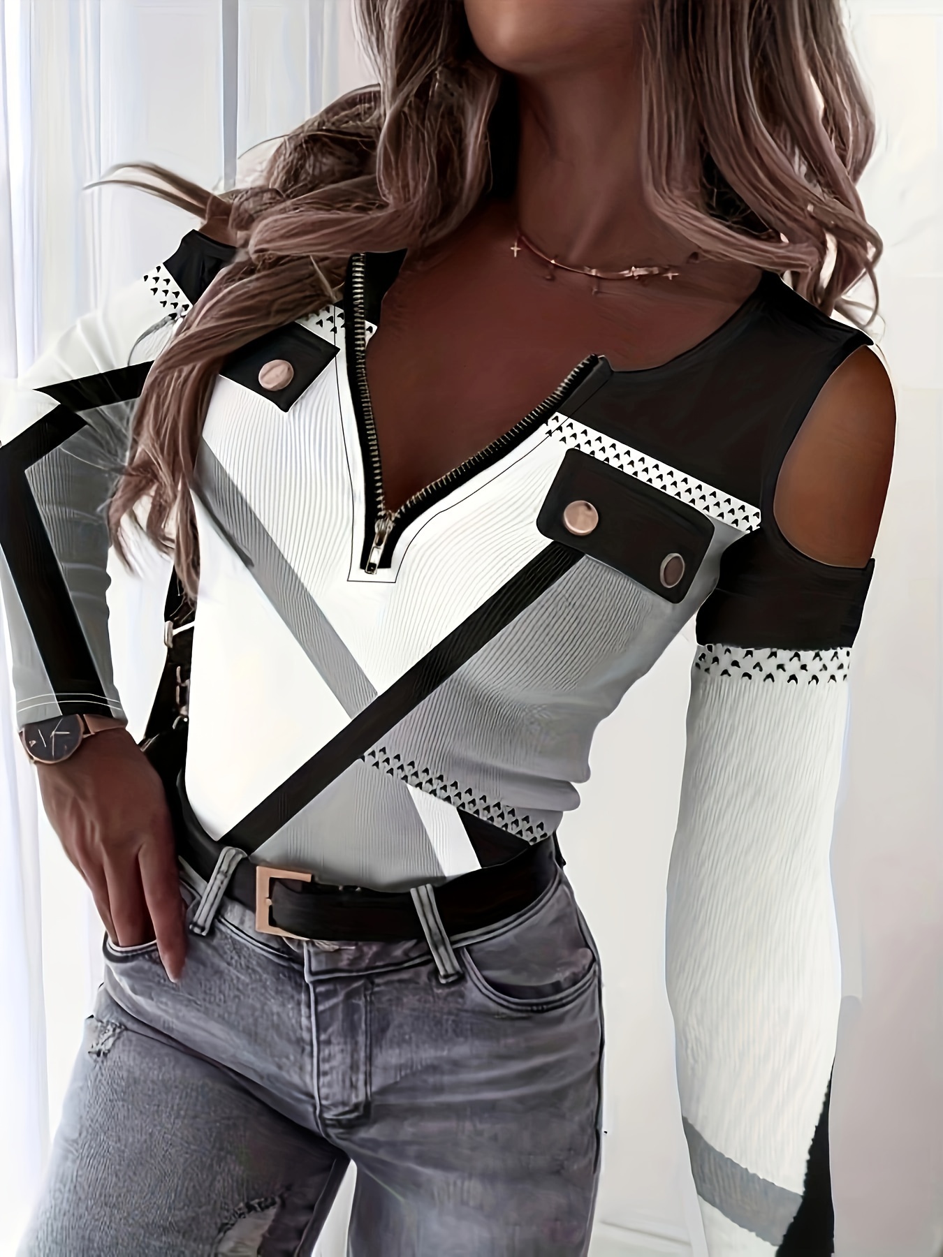 zipper color block t shirt casual cold shoulder long sleeve t shirt womens clothing details 0