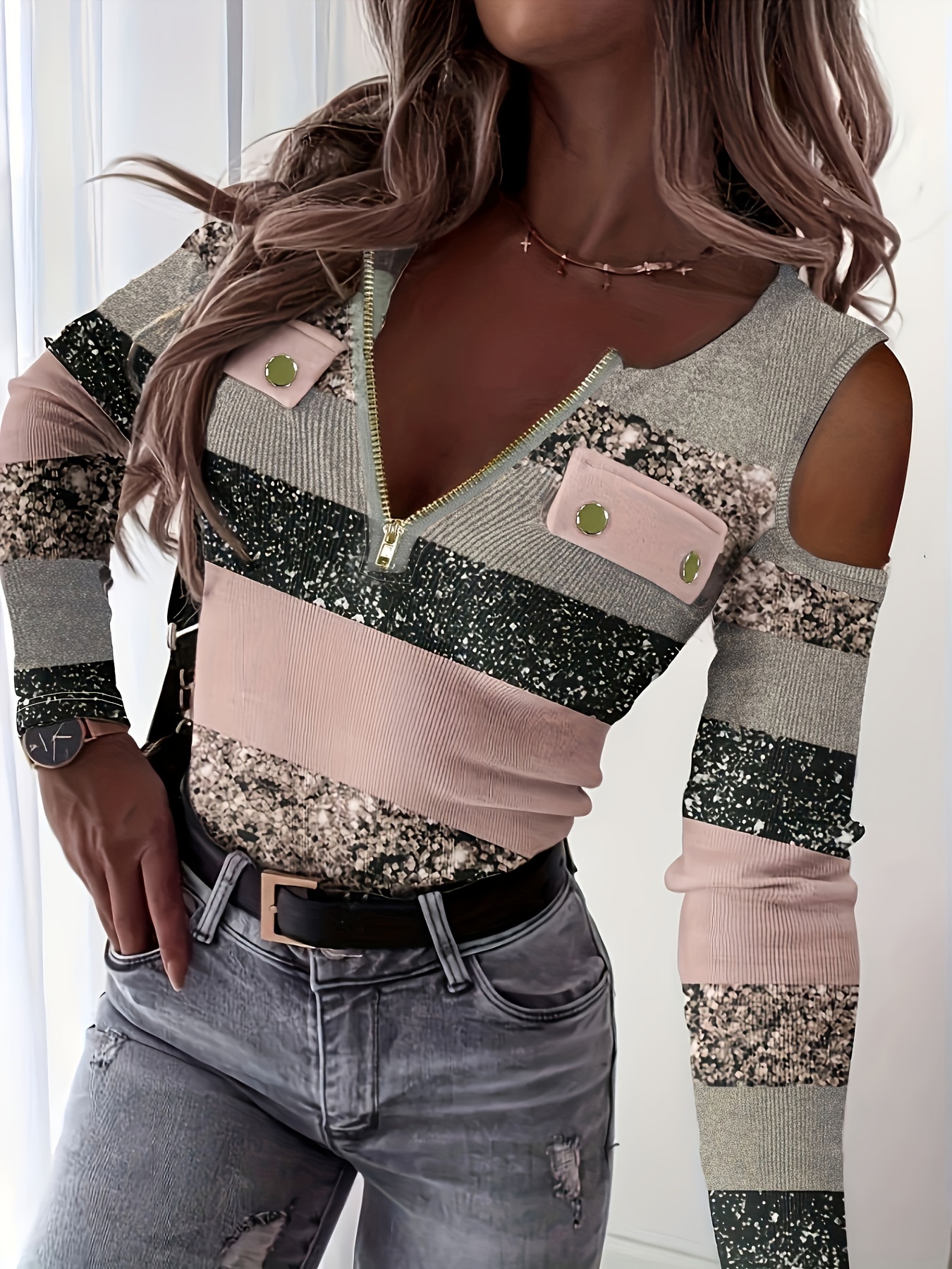 zipper color block t shirt casual cold shoulder long sleeve t shirt womens clothing details 10