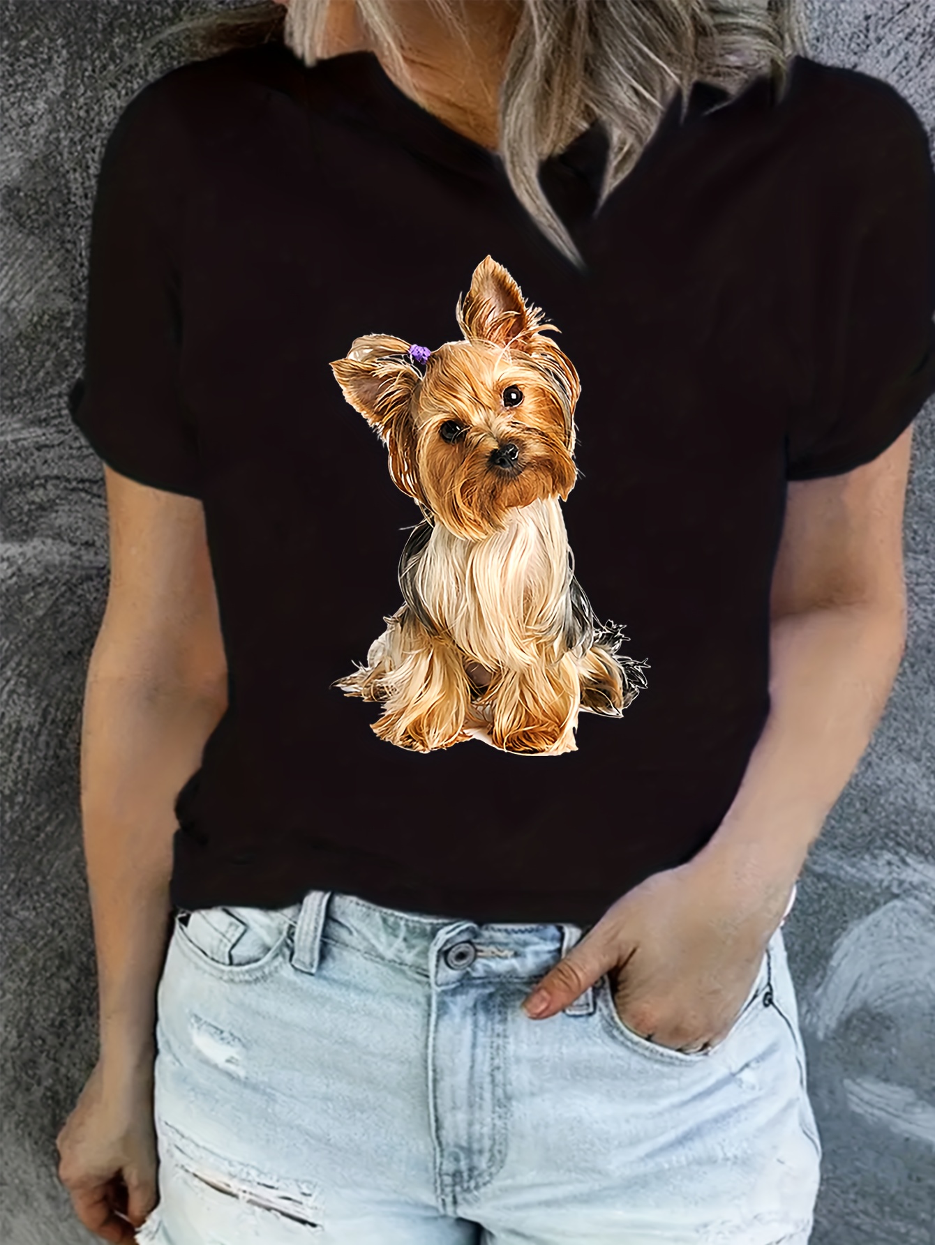 smart dog print summer t shirt cute short sleeve crew neck top womens clothing details 0