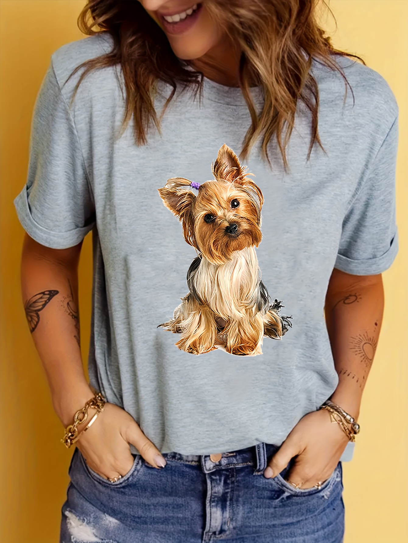 smart dog print summer t shirt cute short sleeve crew neck top womens clothing details 5