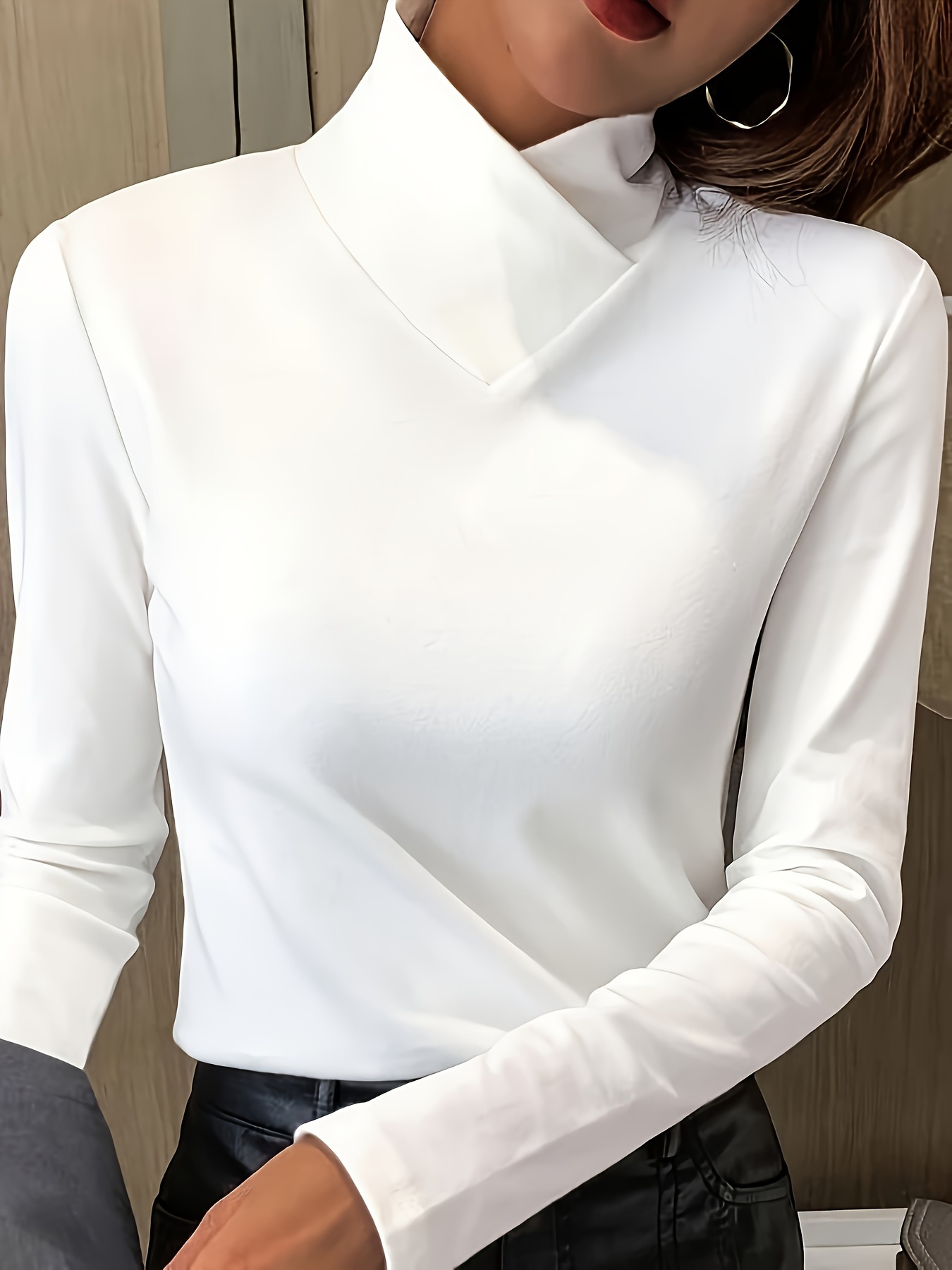 solid mock neck t shirt casual long sleeve top for fall winter womens clothing details 2