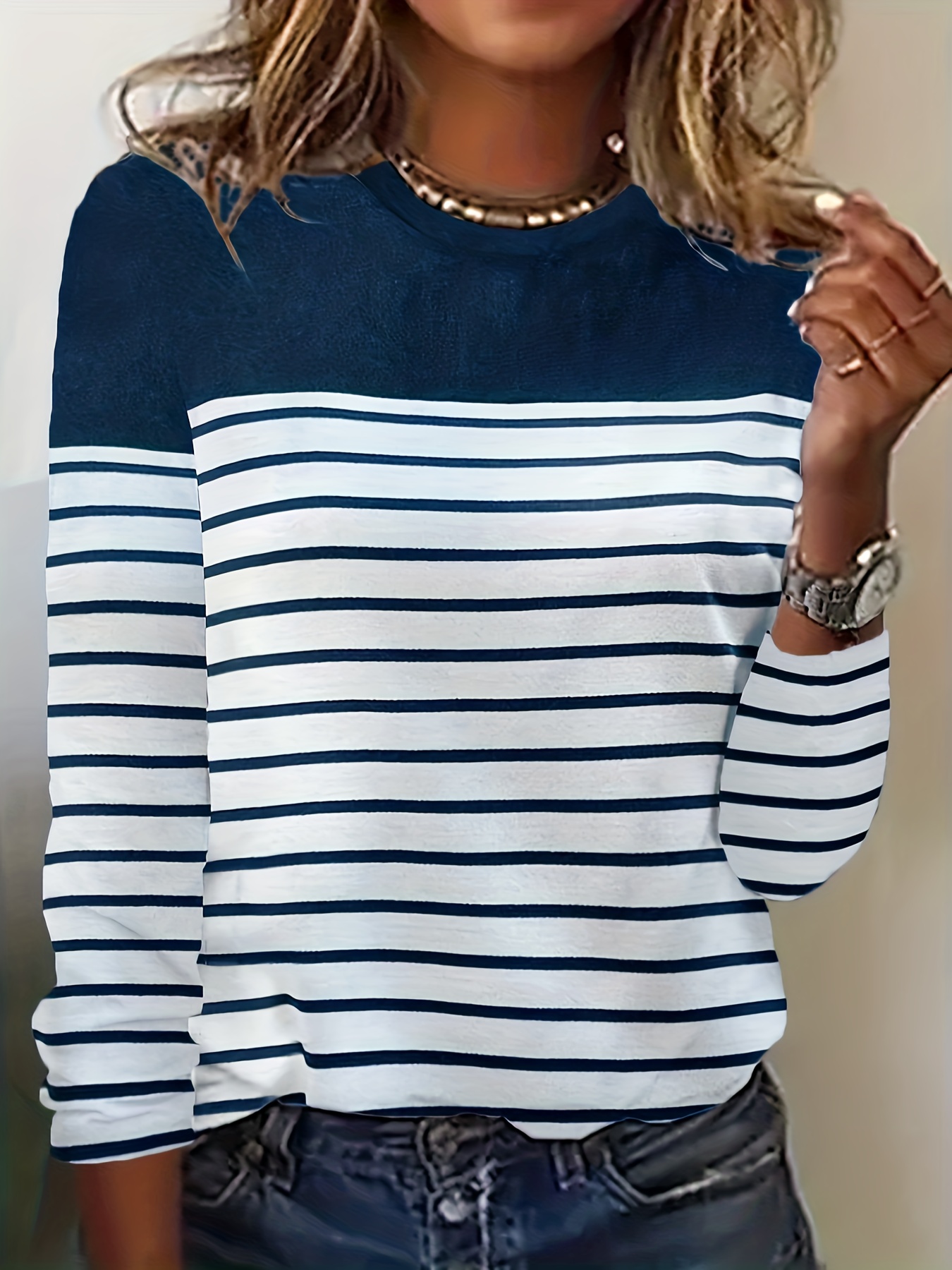 stripe print crew neck t shirt casual long sleeve top for spring fall womens clothing details 5