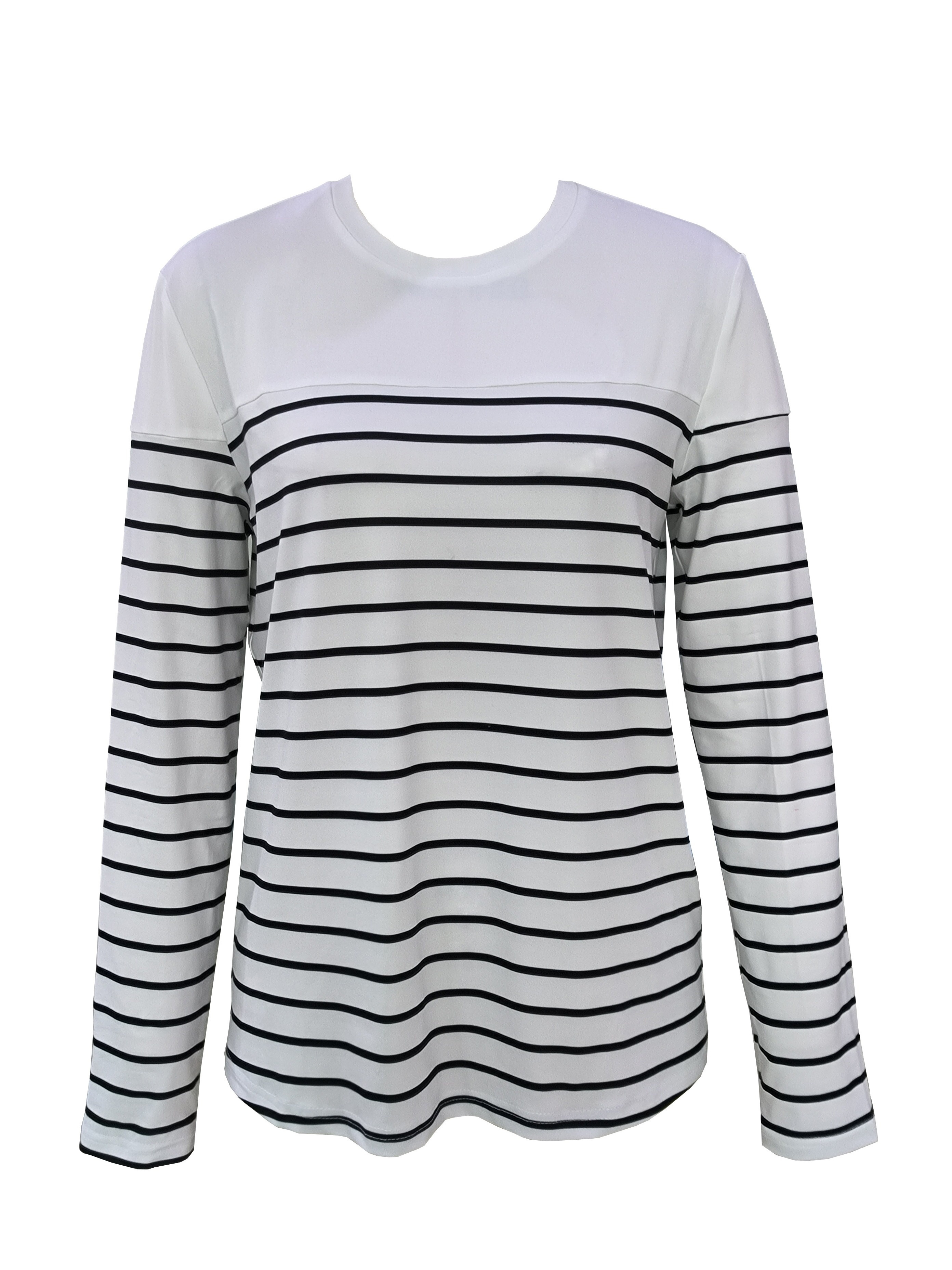 stripe print crew neck t shirt casual long sleeve top for spring fall womens clothing details 12