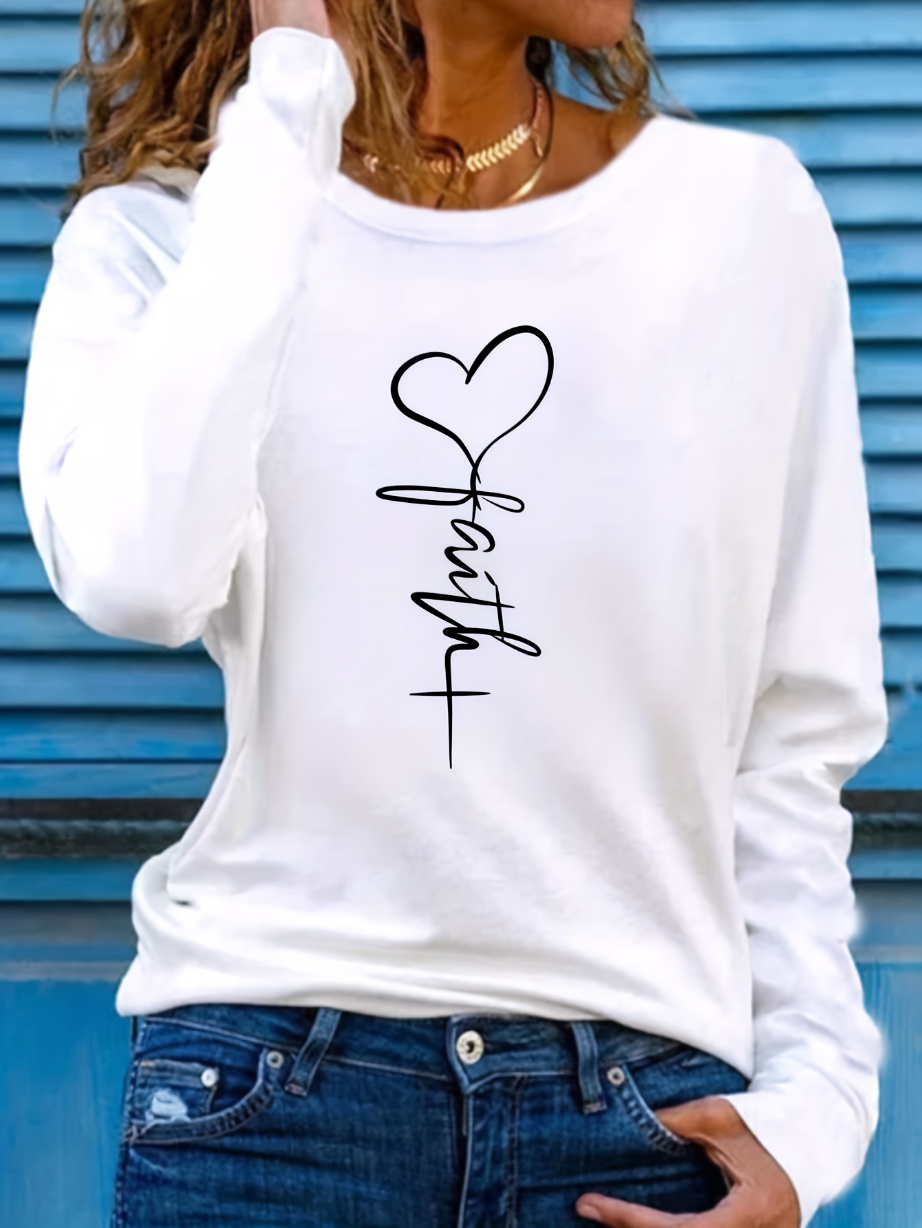 faith print crew neck t shirt casual long sleeve top for spring fall womens clothing details 31