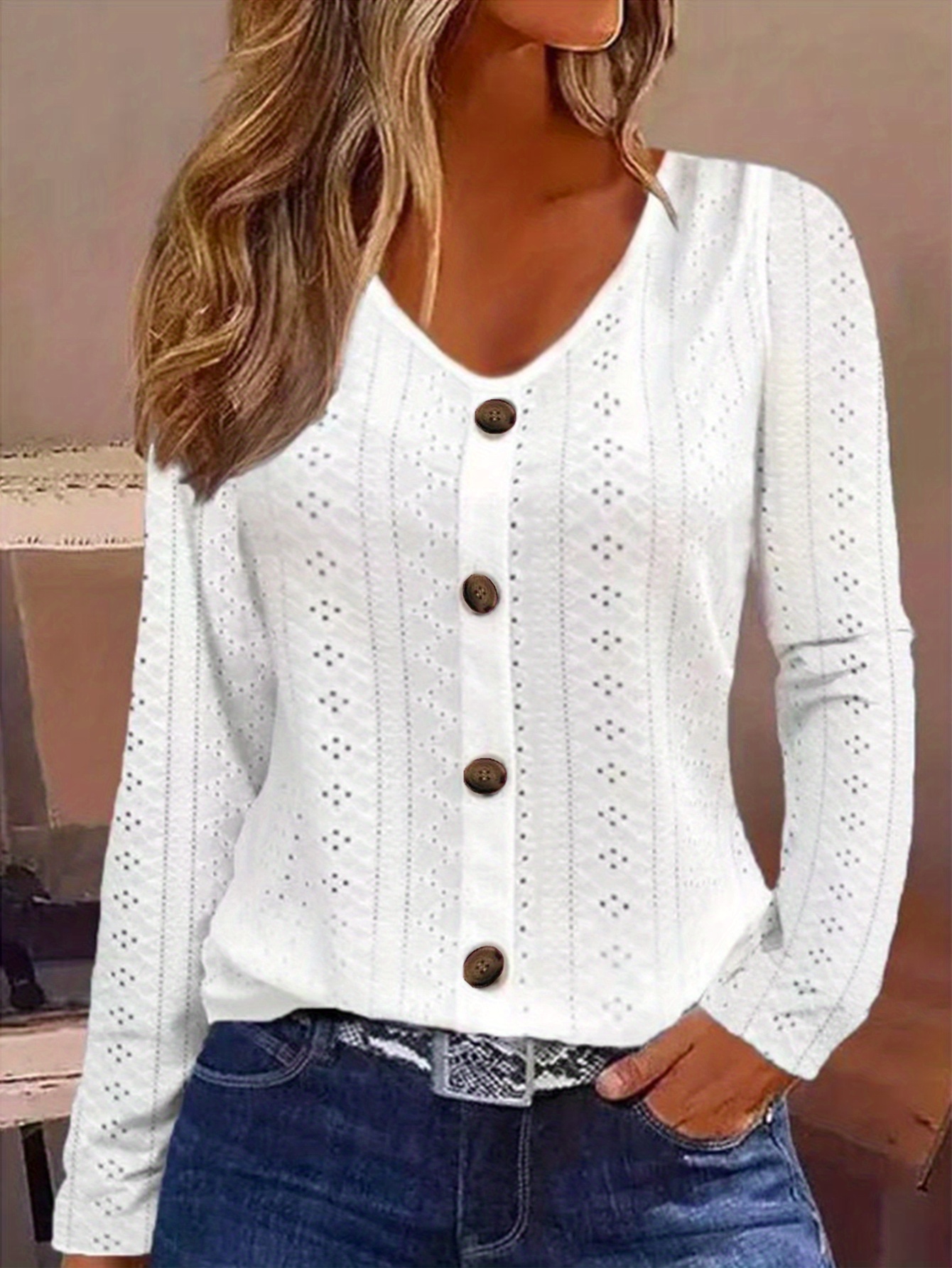 eyelet button front t shirt casual v neck long sleeve t shirt for spring fall womens clothing details 0