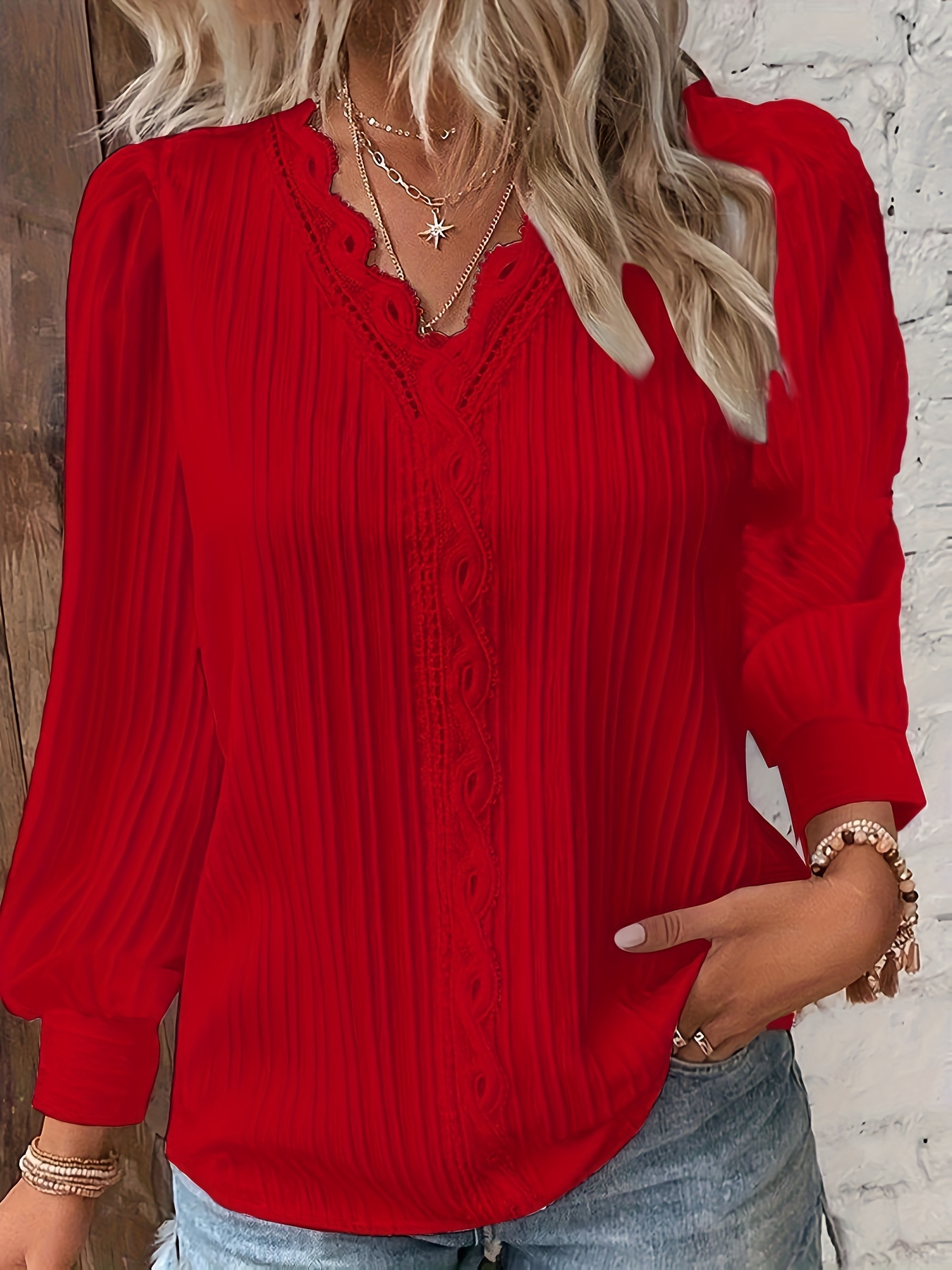 textured lace stitching v neck t shirt casual long sleeve top for spring fall womens clothing details 10