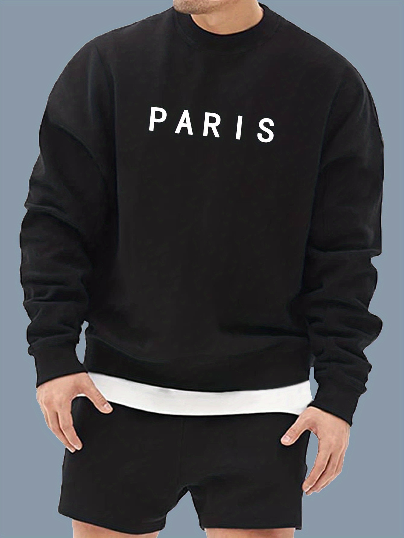 paris print warm thick sweatshirt mens casual graphic design slightly stretch crew neck pullover sweatshirt for autumn winter details 0