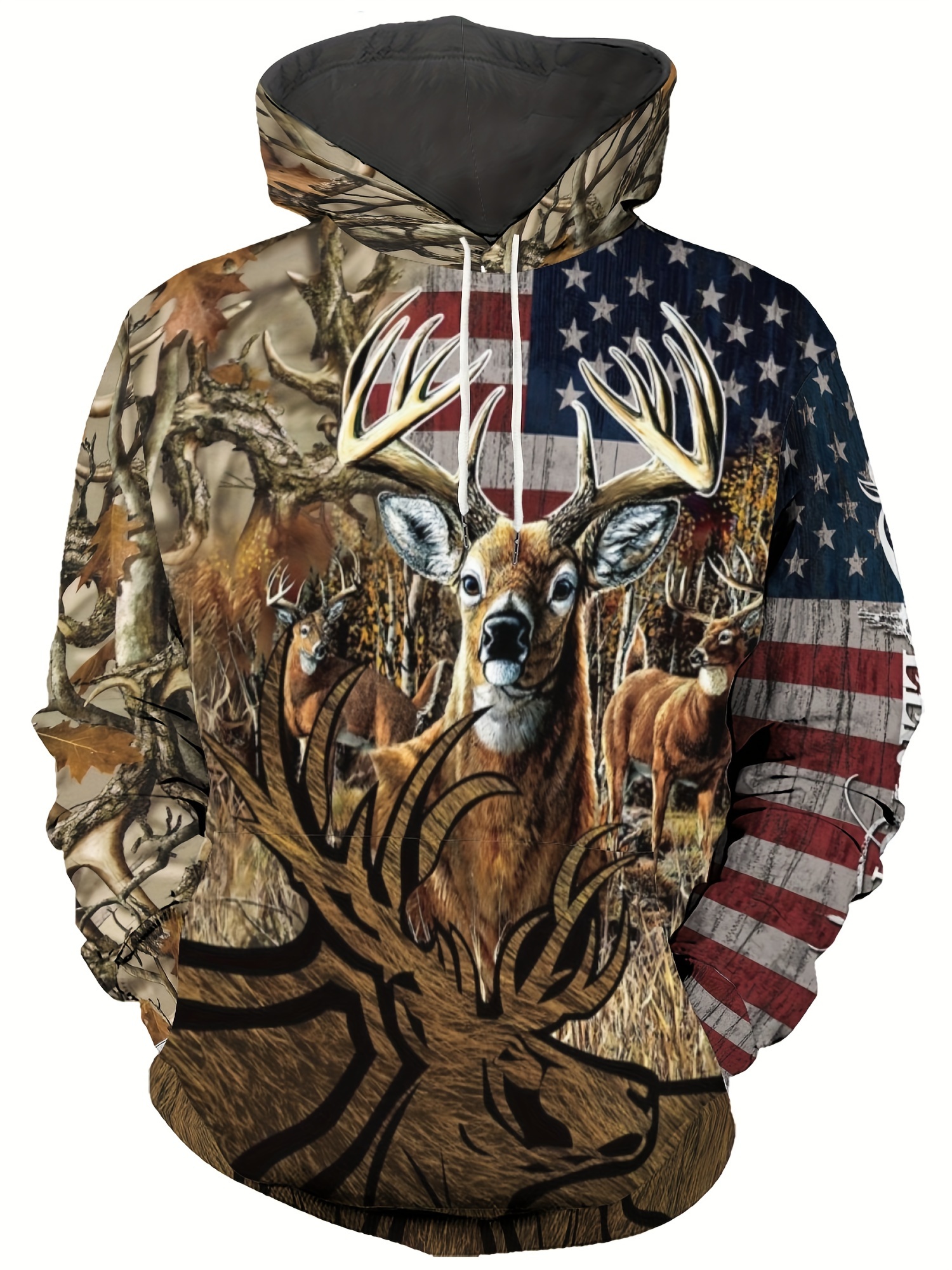 retro deer flag print hoodie cool hoodies for men mens casual graphic design pullover hooded sweatshirt with kangaroo pocket streetwear for winter fall as gifts details 10