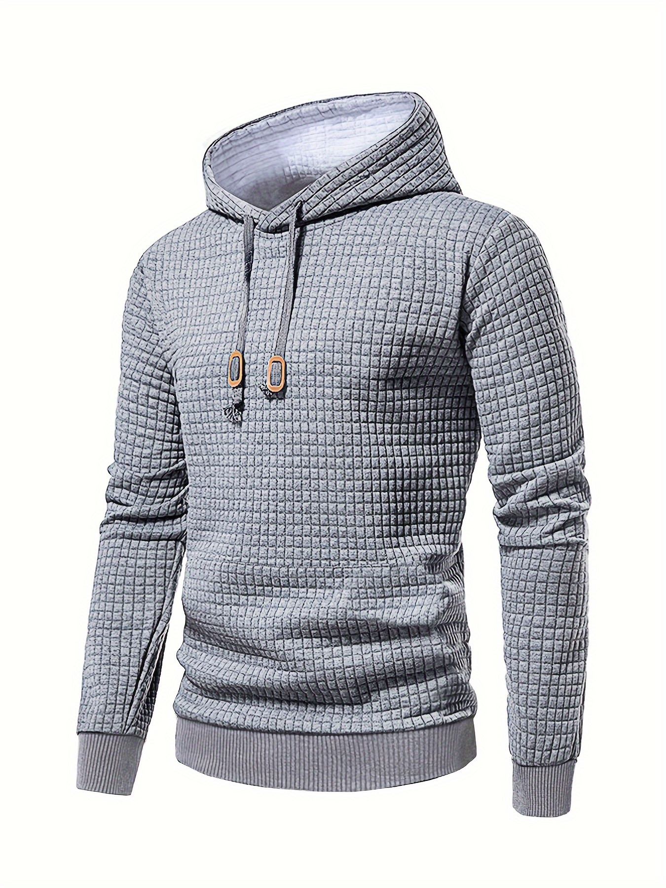 waffle pattern solid hoodie cool hoodies for men mens casual pullover hooded sweatshirt with kangaroo pocket streetwear for winter fall as gifts details 27