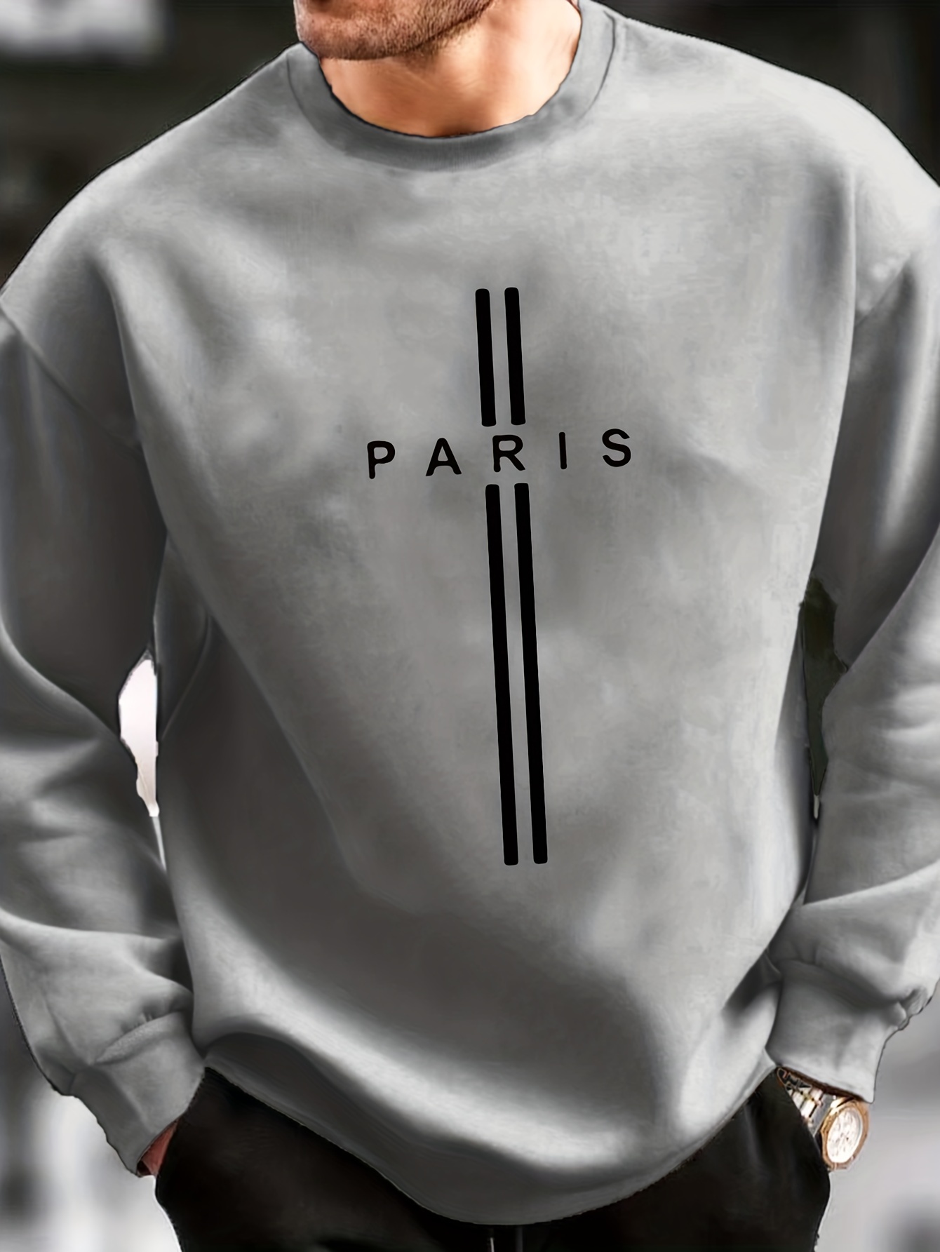 paris print trendy sweatshirt mens casual graphic design slightly stretch crew neck pullover sweatshirt for autumn winter details 0