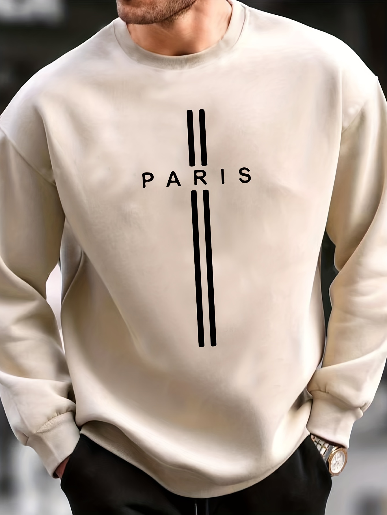 paris print trendy sweatshirt mens casual graphic design slightly stretch crew neck pullover sweatshirt for autumn winter details 3