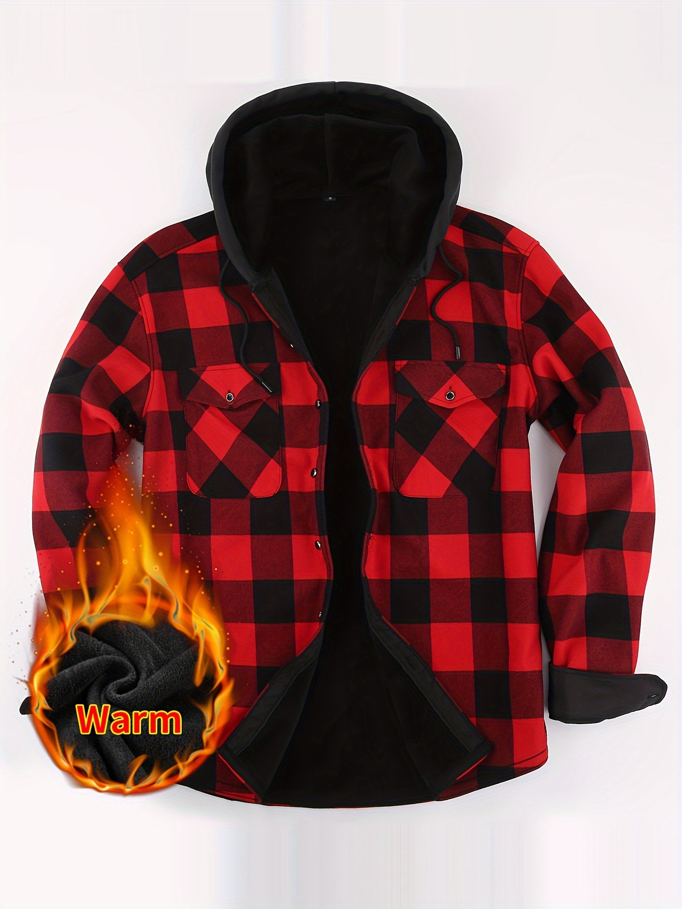 mens stylish loose plaid pattern fleece hoodie with pockets casual mid stretch breathable long sleeve button up hooded jacket for city walk street hanging outdoor activities details 0