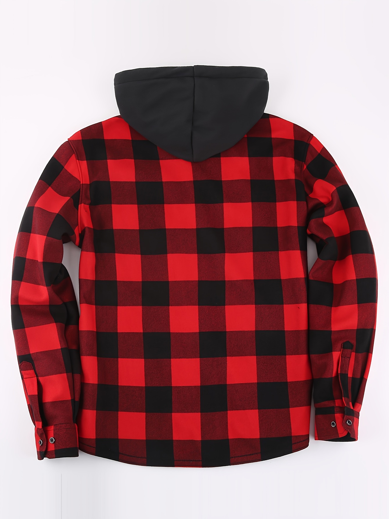 mens stylish loose plaid pattern fleece hoodie with pockets casual mid stretch breathable long sleeve button up hooded jacket for city walk street hanging outdoor activities details 1