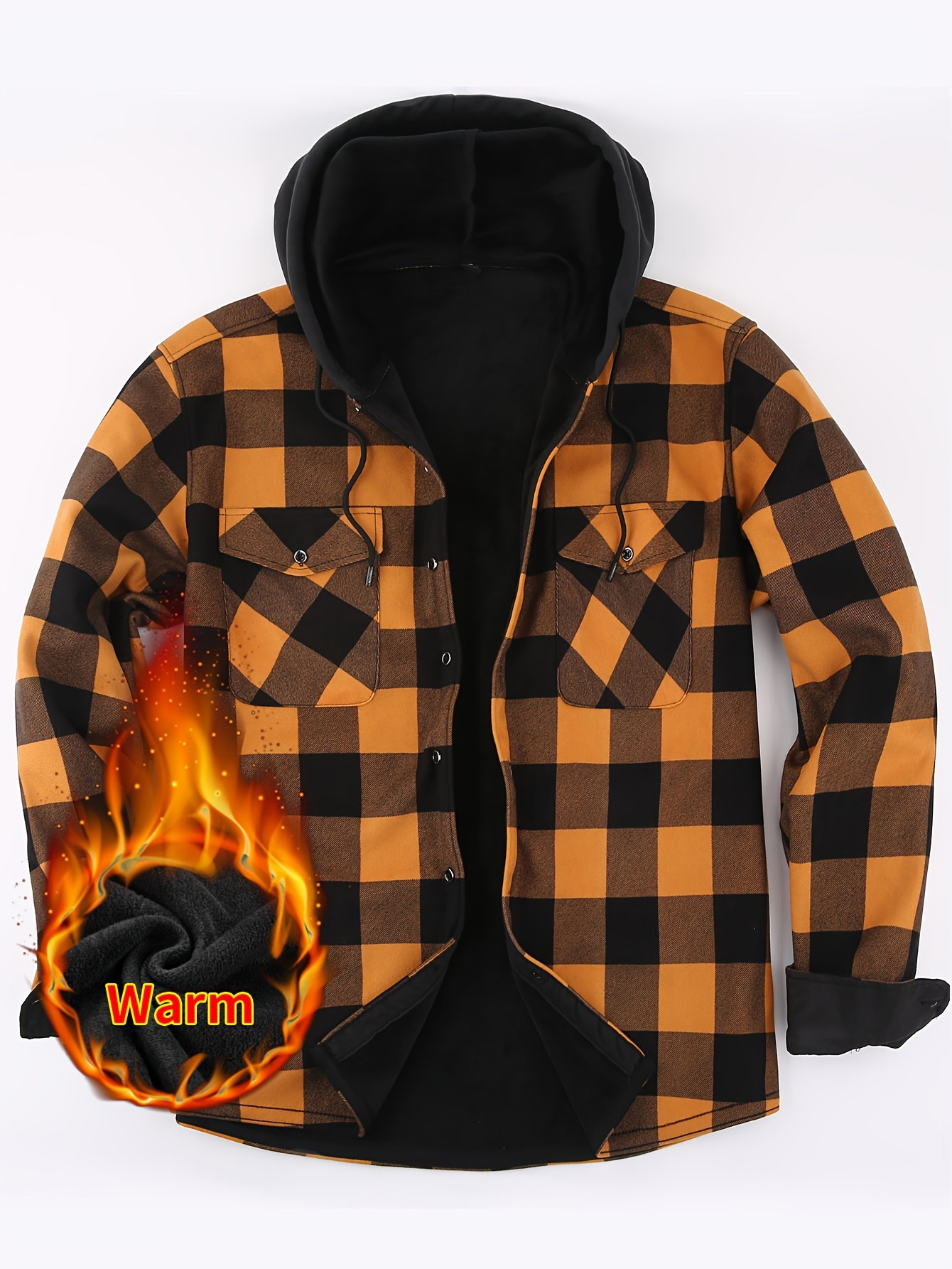 mens stylish loose plaid pattern fleece hoodie with pockets casual mid stretch breathable long sleeve button up hooded jacket for city walk street hanging outdoor activities details 2