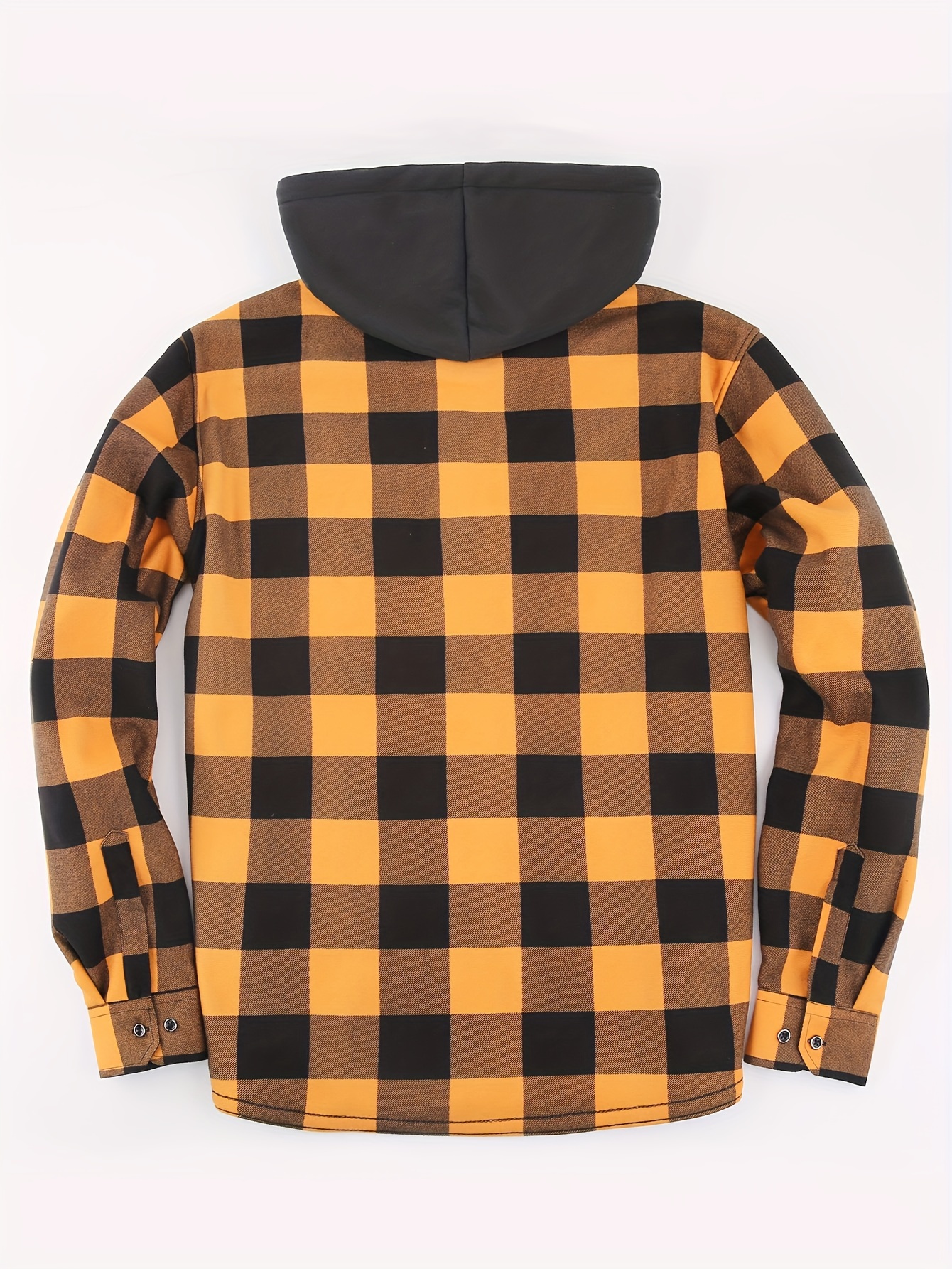 mens stylish loose plaid pattern fleece hoodie with pockets casual mid stretch breathable long sleeve button up hooded jacket for city walk street hanging outdoor activities details 4