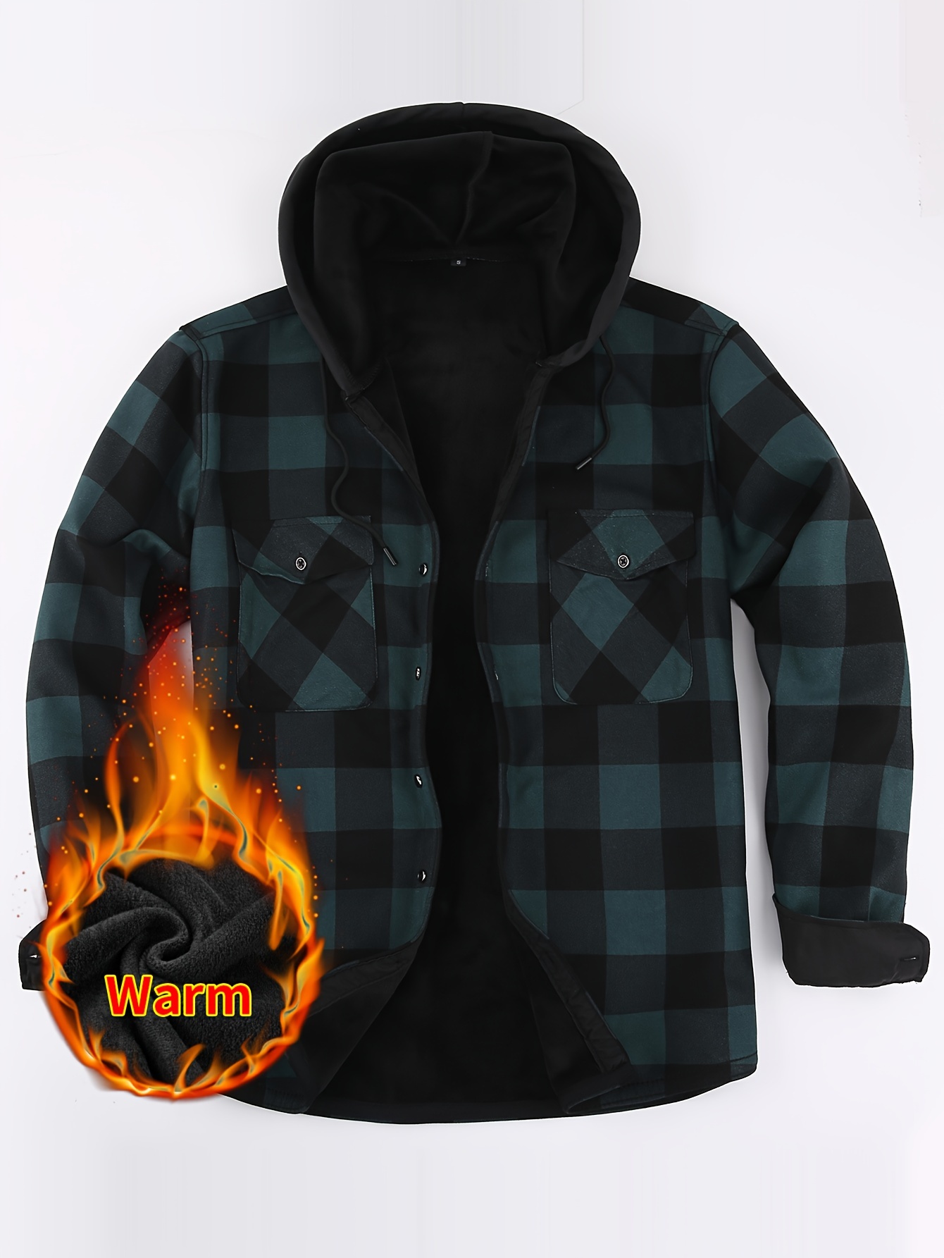 mens stylish loose plaid pattern fleece hoodie with pockets casual mid stretch breathable long sleeve button up hooded jacket for city walk street hanging outdoor activities details 5