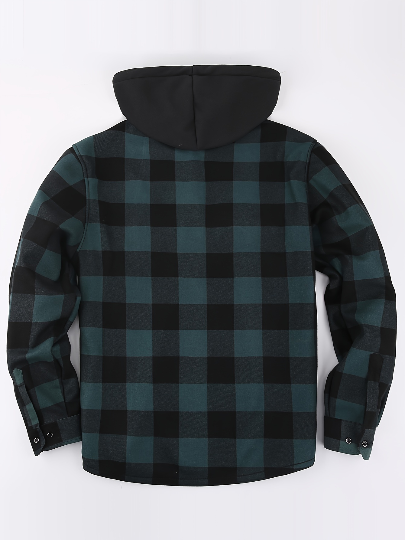 mens stylish loose plaid pattern fleece hoodie with pockets casual mid stretch breathable long sleeve button up hooded jacket for city walk street hanging outdoor activities details 6