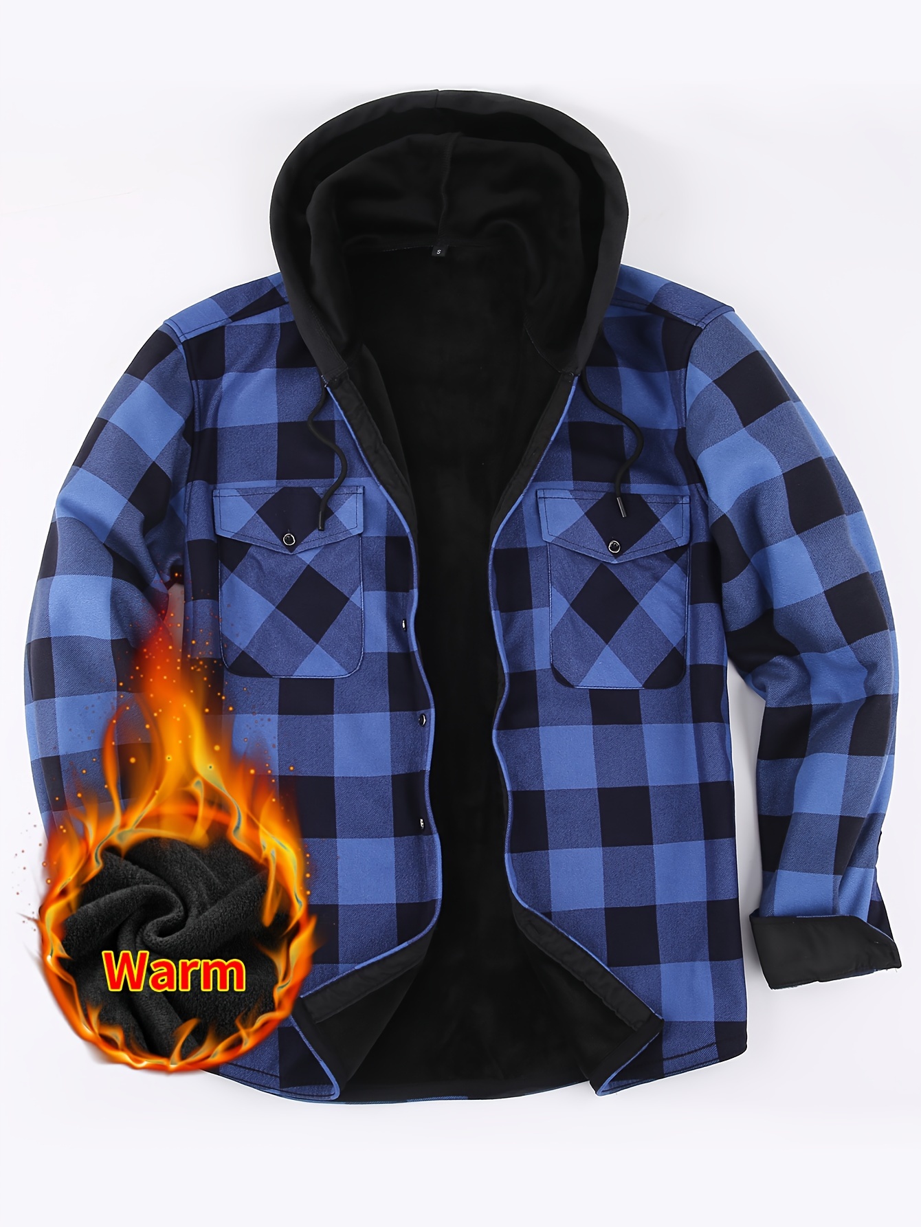 mens stylish loose plaid pattern fleece hoodie with pockets casual mid stretch breathable long sleeve button up hooded jacket for city walk street hanging outdoor activities details 7