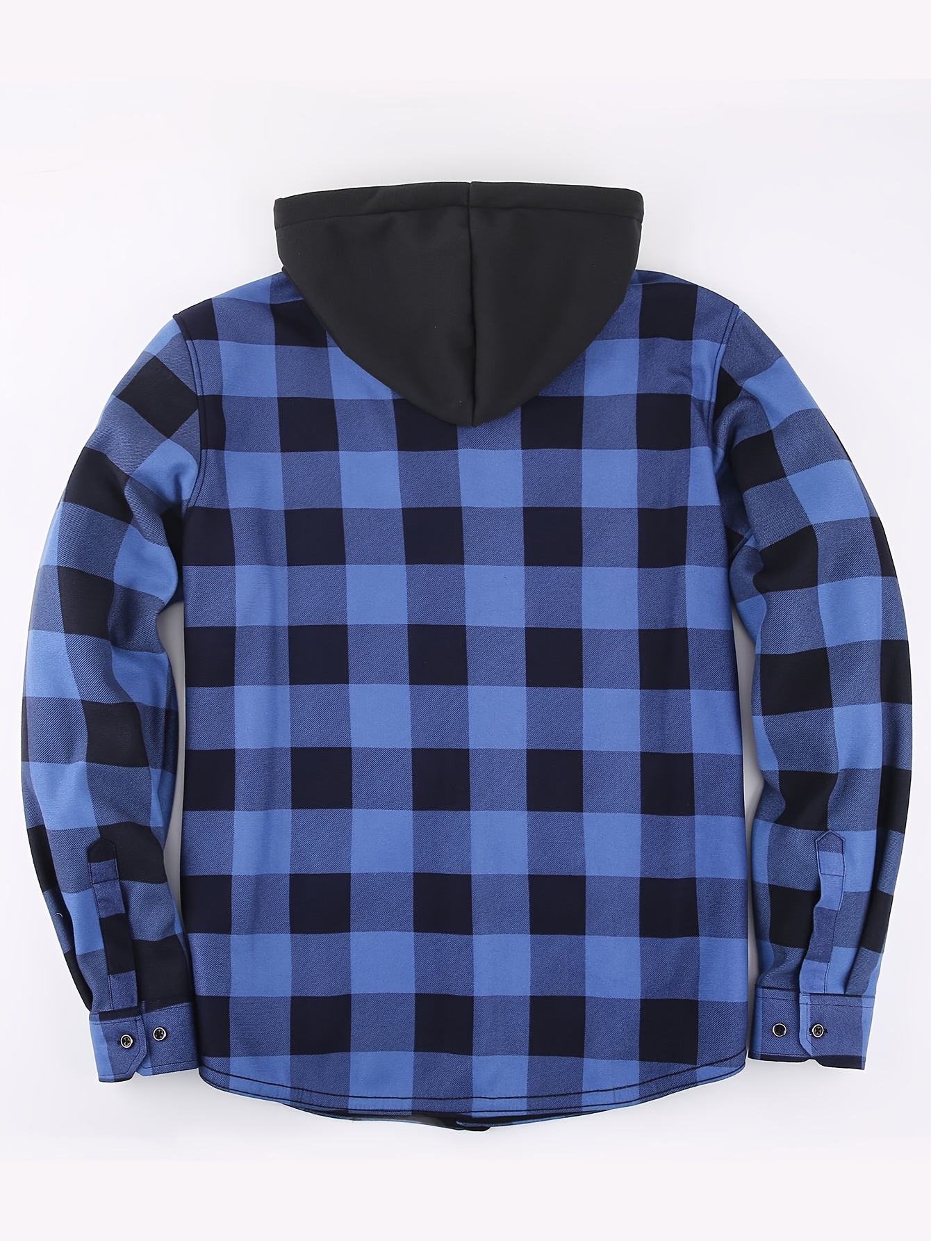 mens stylish loose plaid pattern fleece hoodie with pockets casual mid stretch breathable long sleeve button up hooded jacket for city walk street hanging outdoor activities details 8