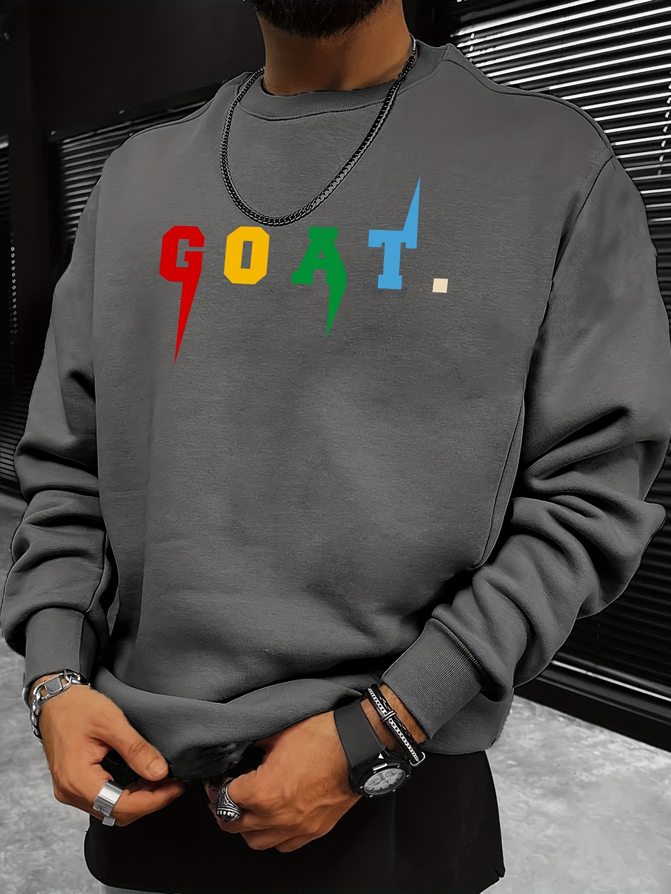 goat print trendy sweatshirt mens casual graphic design crew neck pullover sweatshirt for men fall winter details 0