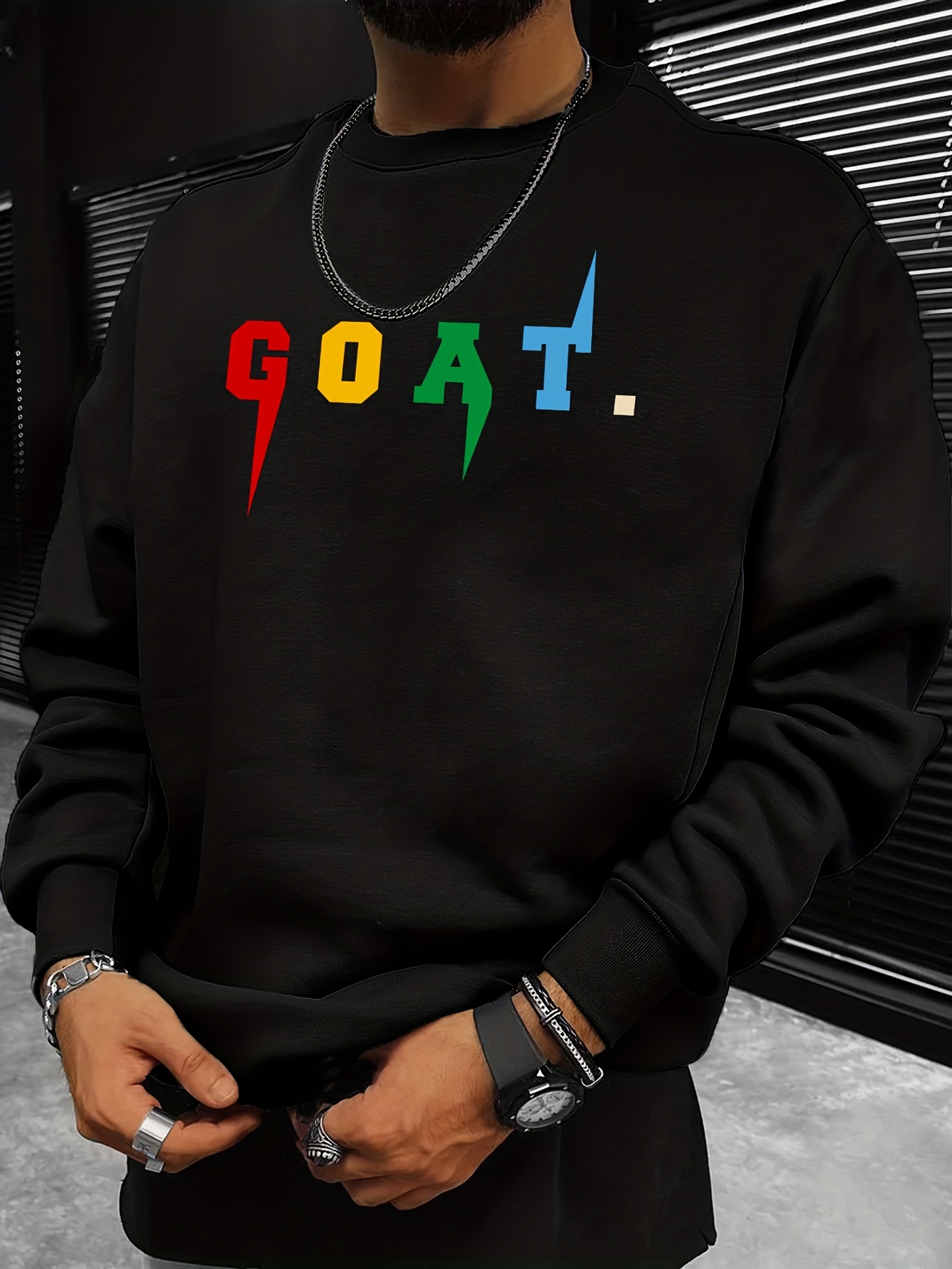 goat print trendy sweatshirt mens casual graphic design crew neck pullover sweatshirt for men fall winter details 5