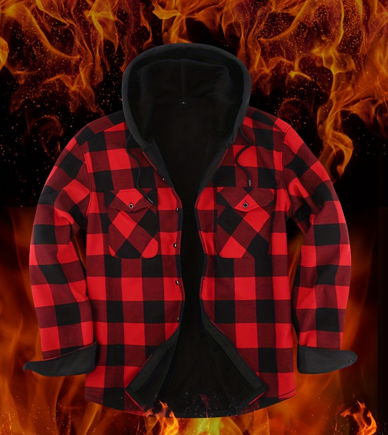 mens plaid hooded plush long sleeve shirt trendy comfy warm thermal shirt for autumn winter details 0