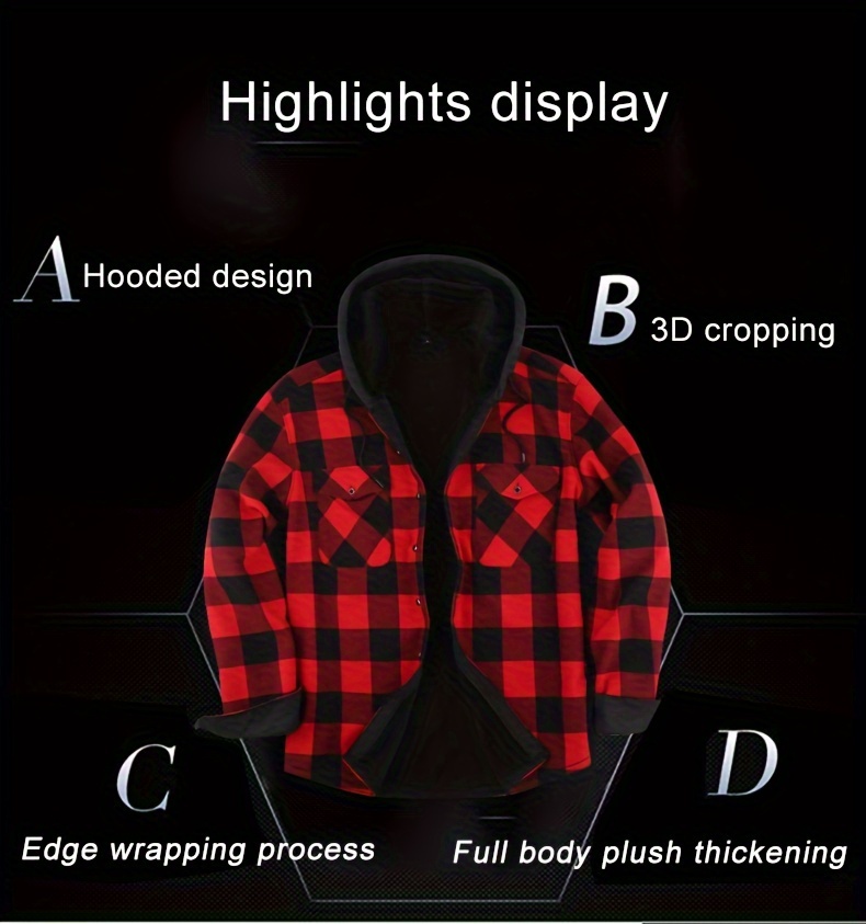 mens plaid hooded plush long sleeve shirt trendy comfy warm thermal shirt for autumn winter details 3