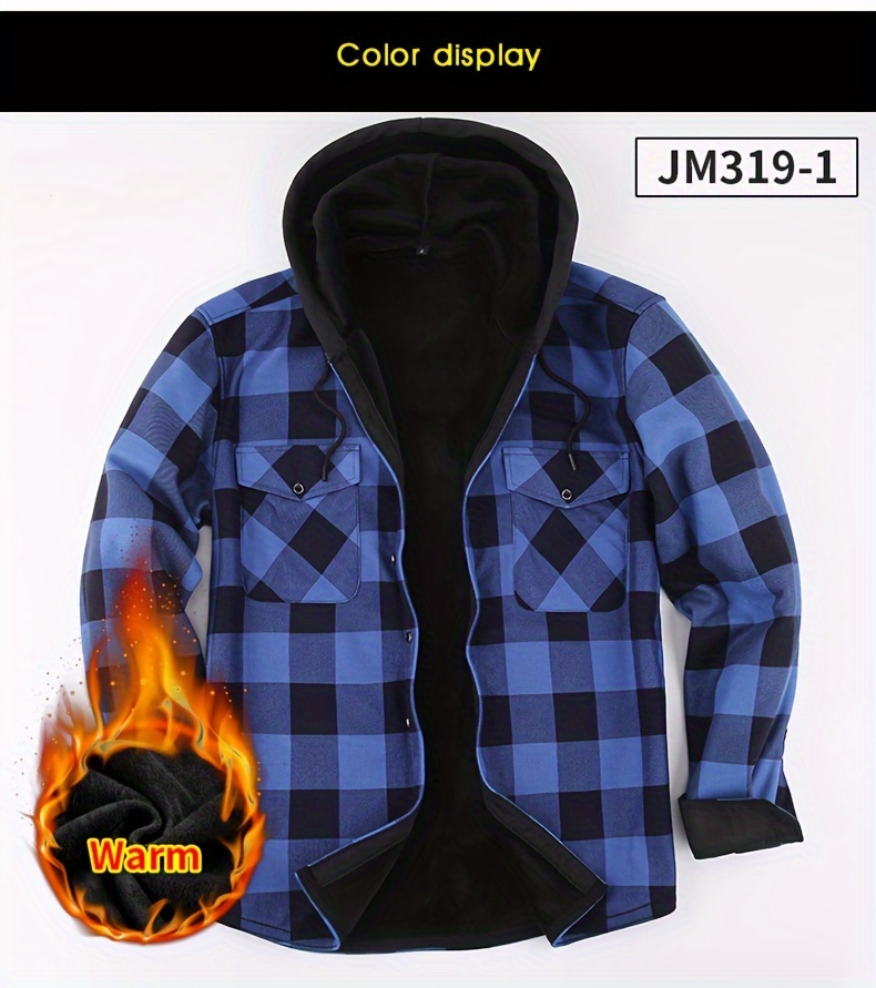 mens plaid hooded plush long sleeve shirt trendy comfy warm thermal shirt for autumn winter details 4