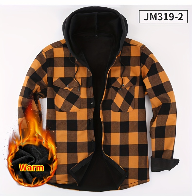 mens plaid hooded plush long sleeve shirt trendy comfy warm thermal shirt for autumn winter details 5