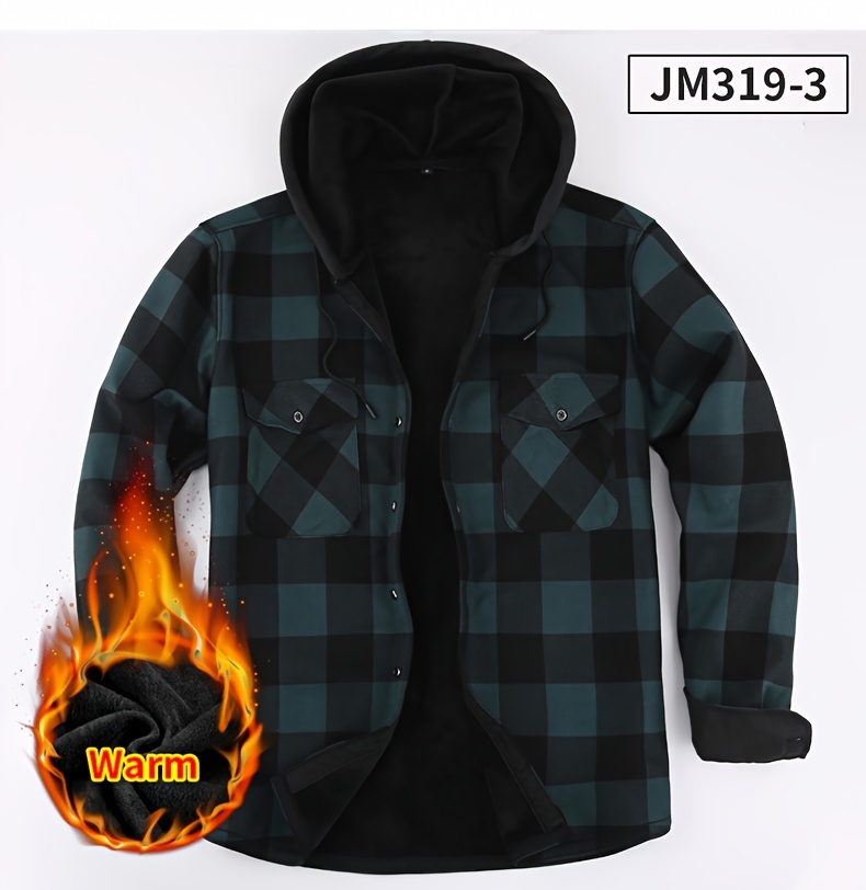 mens plaid hooded plush long sleeve shirt trendy comfy warm thermal shirt for autumn winter details 6