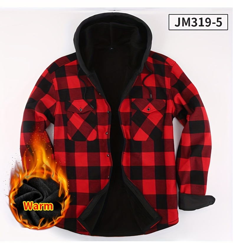 mens plaid hooded plush long sleeve shirt trendy comfy warm thermal shirt for autumn winter details 7